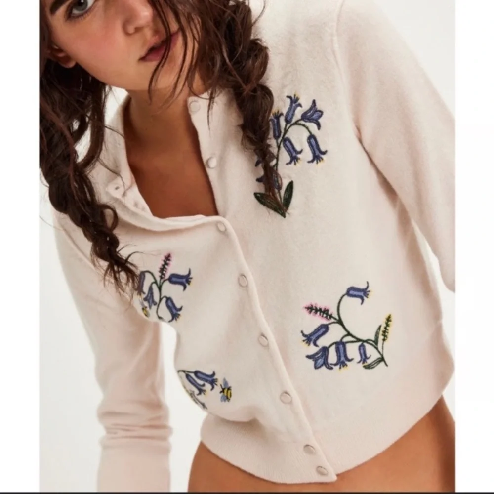 New! Free People Pink Floral Bee Embroidered silk lined Cardigan 2729